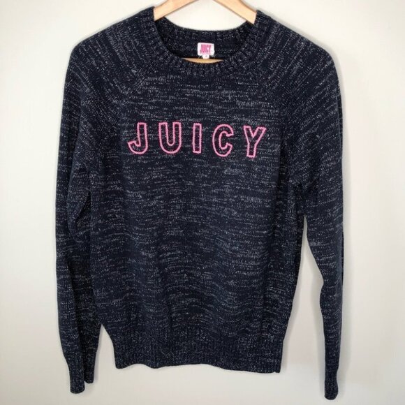 JUICY Couture Marled  Blue Logo Knit Crewneck Sweater Size Medium - Picture 2 of 7